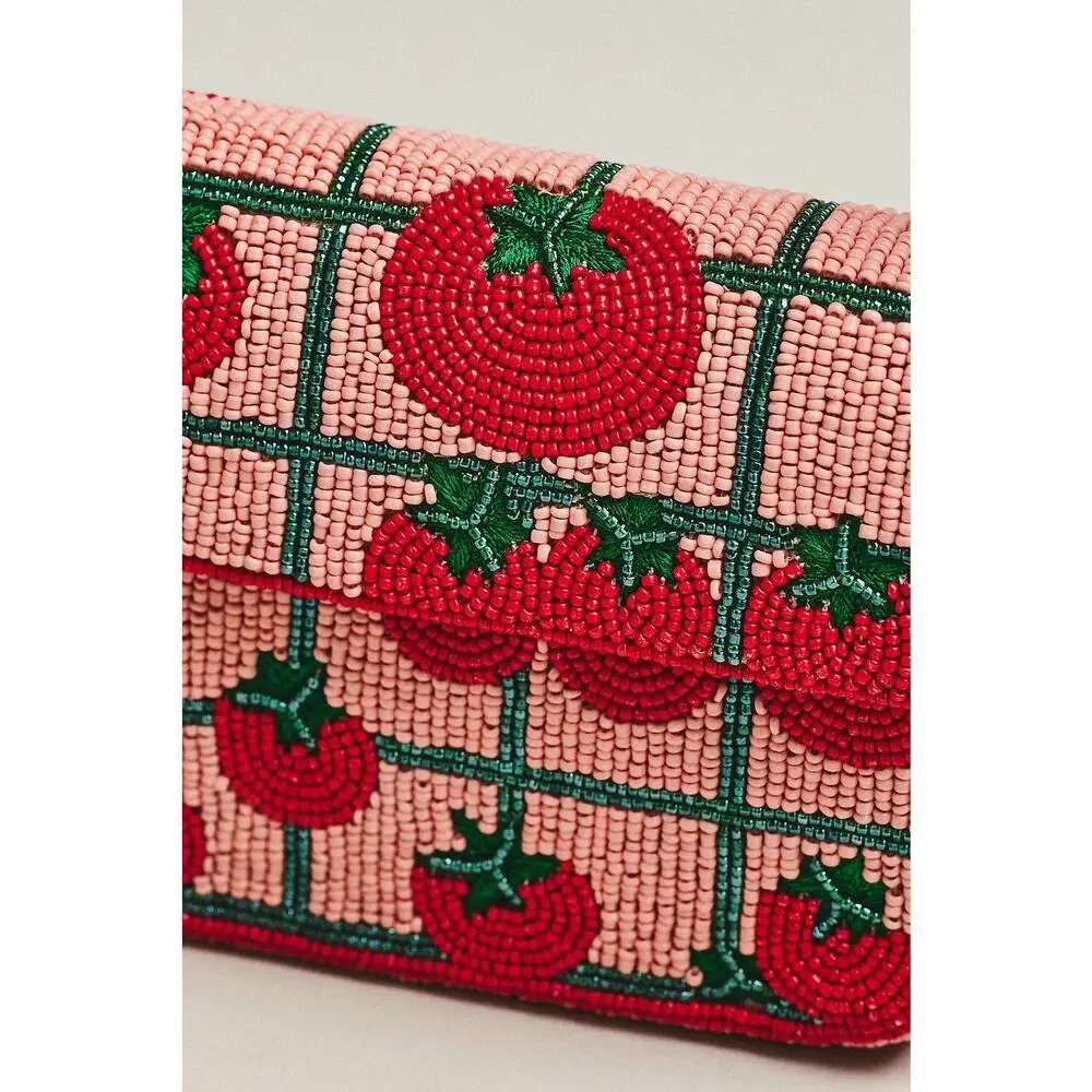 nwt ANTHROPOLOGIE The Fiona Beaded Bag: Food Icon Edition Tomato Motif